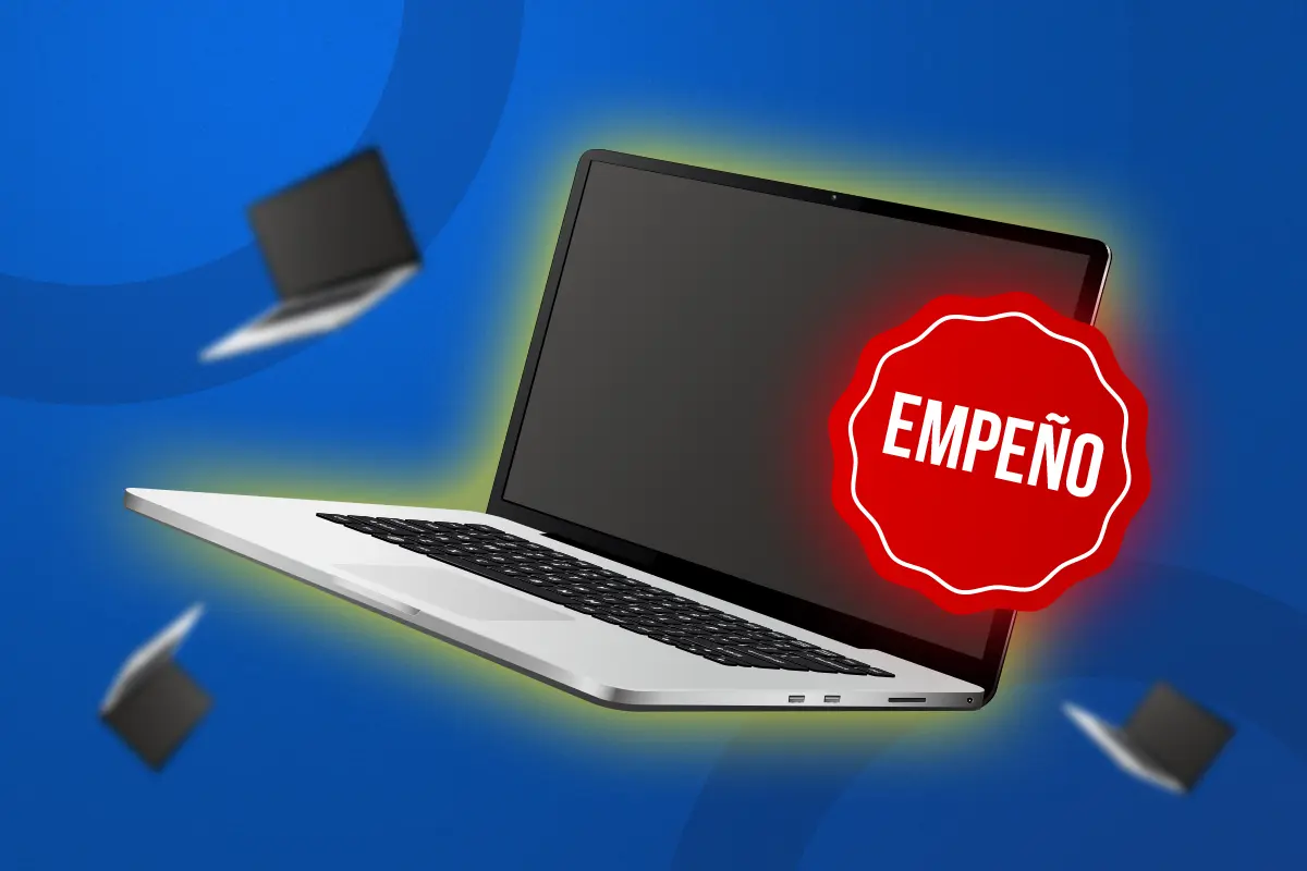 Imagen de una laptop con un badge que dice 'Empeño'