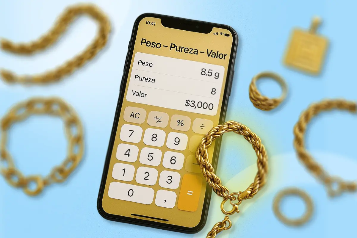 Un teléfono calculando el valor de unas alhajas de oro